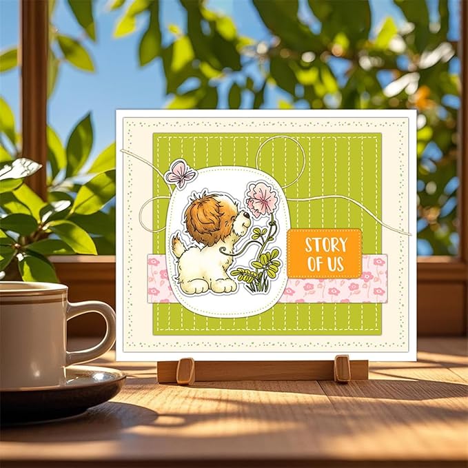 Playing Dog Flowers Stamps and Cutting Dies for Card Making DIY Transparent Silicone Clear Stamp and Metal Die Cuts Sets for Scrapbooking Paper Greeting Cards Decor Seals Craft Supplies