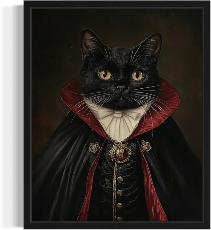 Dracula Portrait Art Poster Print, Cat Kitten Painting Humor Portrait Pet Artwork Decor Gallery A8 (Dracula, 16 x 20 inches, Black Frame)
