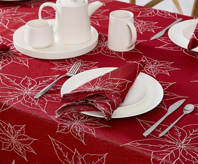 Laura Ashley Tablecloth Raised Woven Embroidered Jacquard Fabric, Wrinkle Resistant for Dining, Holiday, Party, Wedding or Banquet, 60" x 144", Poinsettia Red