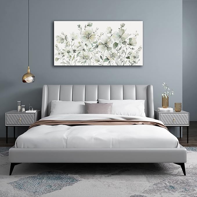 Elegant Flowers Wall Art Abstract Floral Pictures Wall Decor Modern Green Botanical Canvas Painting Flower Blossom Canvas Print Artwork for Living Room Bedroom Office Home Wall Decoration 20" x 40"