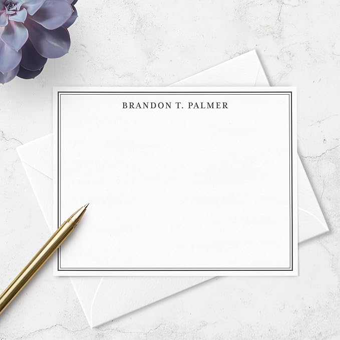 Personalized Note Cards Stationery for Men with Name and Line Border - Custom Stationary Set with Envelopes - Flat A2 Custom Notecards, Choose Your Colors and Set Size (Double Border Classic Font)