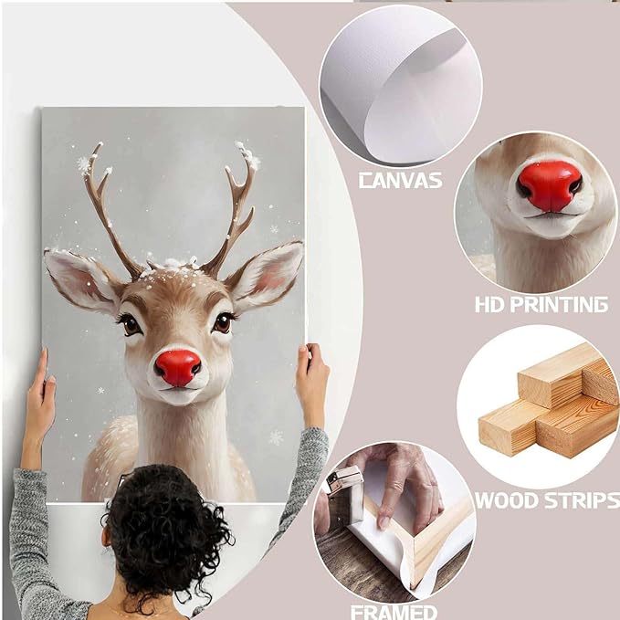 Framed Canvas Wall Art Red Nosed Reindeer Christmas Farmhouse Mantle Canvas Wall Art Print Farmhouse Christmas Poster 16x24in Wood Framed