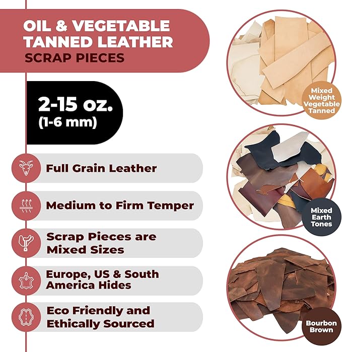ELW Oil Tanned Leather Scraps | 4-6 oz (1.8-2.4mm) Medium Weight | Size: 10 LB | Genuine Cowhide Full Grain Leather Remnants for Crafting, Ideal for DIY Leatherworking Projects | Color: Tobacco Brown