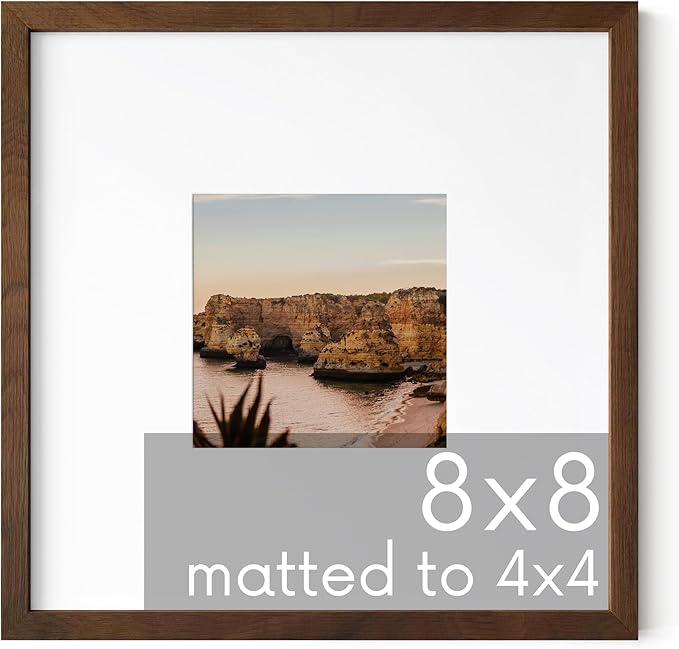 HAUS AND HUES Walnut Oak Wood 8x8 Picture Frame Matted to 4x4 - Square Frame with Plexiglass, Contemporary Frame for Photos and Art (8x8 in, Walnut, Set of 1)