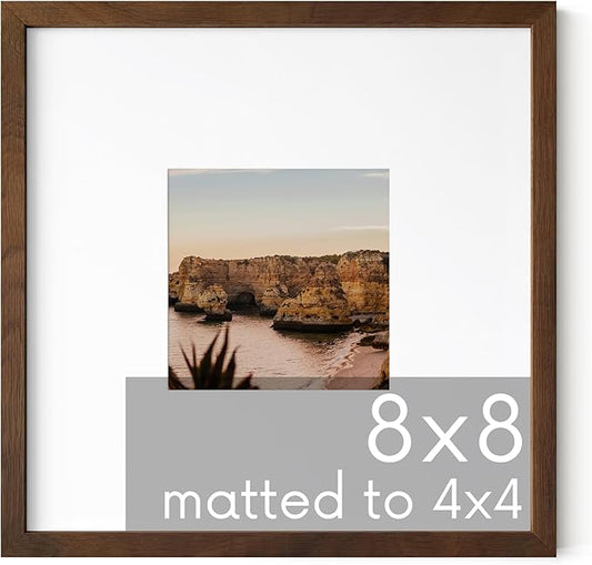 HAUS AND HUES Walnut Oak Wood 8x8 Picture Frame Matted to 4x4 - Square Frame with Plexiglass, Contemporary Frame for Photos and Art (8x8 in, Walnut, Set of 1)