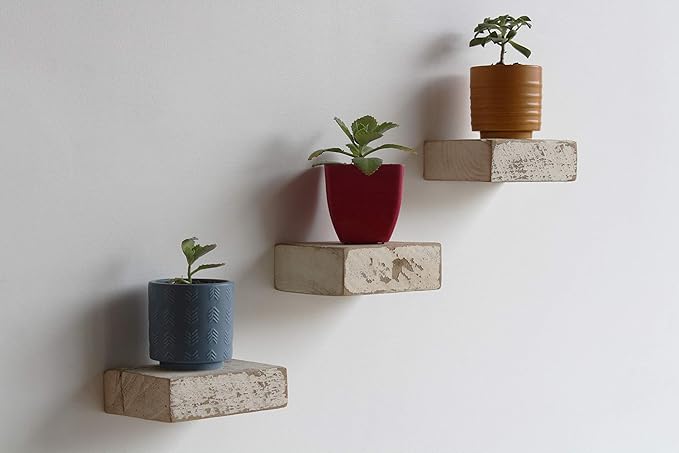 Urban Legacy Small Floating Shelves | Reclaimed Barn Plank with Floating Brackets | Set of 3 (White Wash 6" x 4.5", 3)