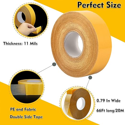 Double Sided Fabric Tape Heavy Duty Mounting Tape 0.79" x 66FT Resistente Clear Super Stick Tape with Fiberglass Mesh High Tack Strong Adhesive for Clothes Carpet Arts