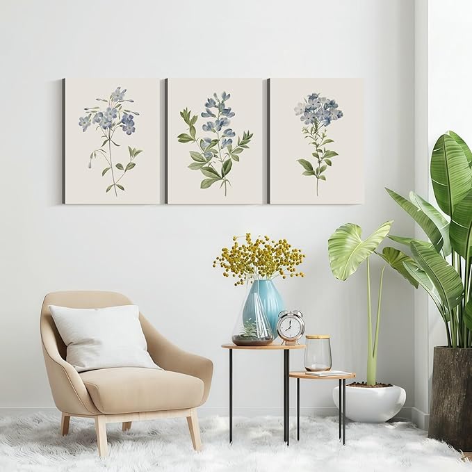 3 Pcs Framed Blue Botanical Canvas Wall Art Vintage Floral Plant Print Posters Rustic Farmhouse Minimalist Flower Decor for Living Room Bedroom 16x24 inch Ready to Hang