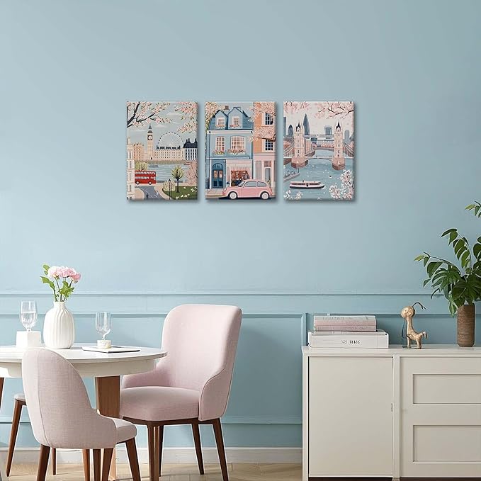 XLARTMY Watercolor City Landscape Travel Wall Art Canvas Framed Pink Cherry Flower Poster Girly Prints Painting Pictures Set of 3 for Bedroom Living Room Office 12x16in