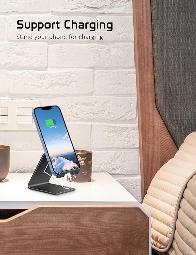 Phone Stand, Aluminum Phone Holder for iPhone 16 15 14 13 12 11 X 8 7 6 Plus 5, Tablet, Samsung, Huawei, Suitable for All Smartphones, Adding a Touch of Style to Your Office Decor, Black