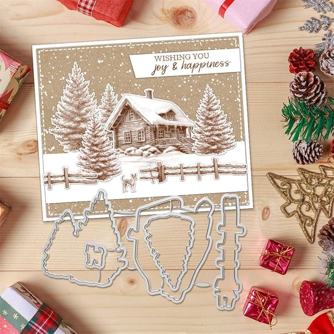 Christmas Snow House Pine Tree Stamps and Cutting Dies for Card Making DIY Transparent Silicone Clear Stamp and Metal Die Cuts Sets for Scrapbooking Paper Greeting Cards Decor Seals Craft Supplies