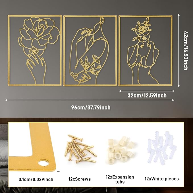 GOKURVG Abstract Metal Wall Art, 3D Hollow-out Wall Décor, 16.5x12.5in Set of 3 Wall Art for Bedroom Living Room Office Unique Minimalist Hanging Sculpture Glod