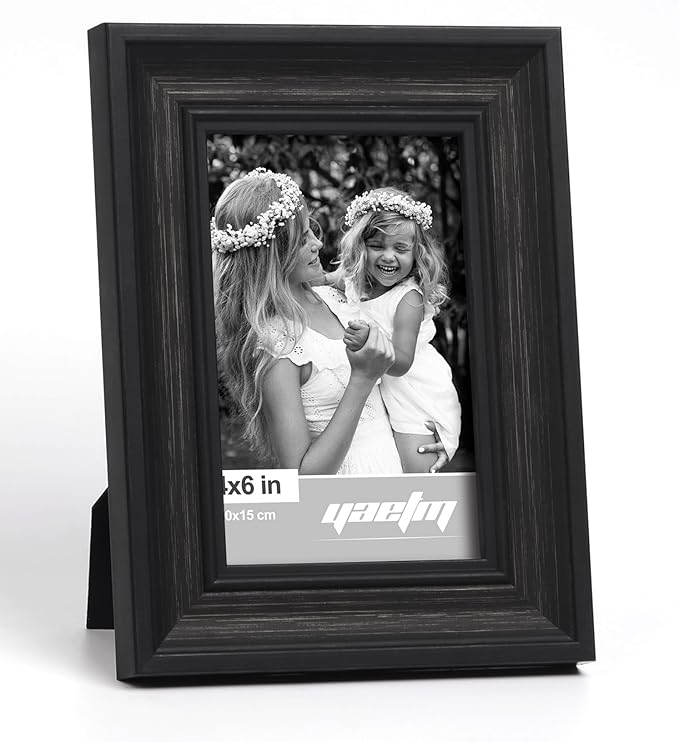 Yaetm Black 4x6 Picture Frame Set of 4, 1.4” Wide Molding & Distressed Black Photo Frames with HD Tempered Glass, Display on Tabletop & Wall Mounting