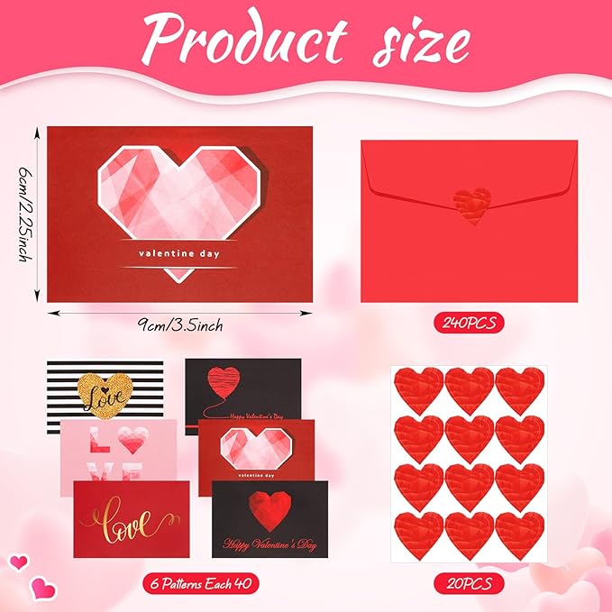 Yexiya 240 Sets Mini Valentine's Day Cards Assortment Bulk Love Heart Classroom Kids Greeting Foldable Wedding Flower Card with Envelopes and Stickers for Valentines Day