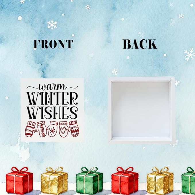 Christmas Wooden Desk Decor Sign, Warm Winter Wishes Wooden Box Sign, Winter Tabletop Home Plaque with Mittens Design, Holiday Farmhouse Decoration for Living Room Bedroom Office 5x5 Inches