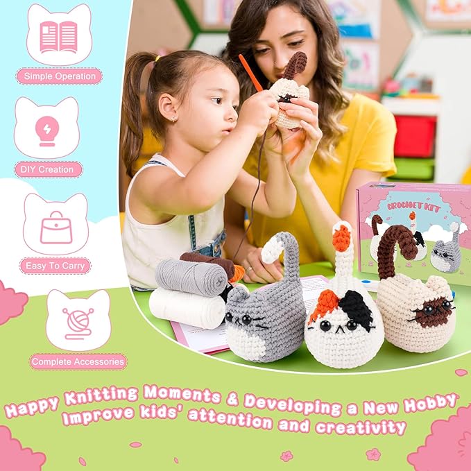 Cat Crochet Kit for Beginners-3PCS Cats Crochet Kits for Adults, Crochet Starter Kit with Step-by-Step Video Tutorials,Crochet Animal Kits Knitting Kit DIY Craft Learn to Crochet Kits for Adults