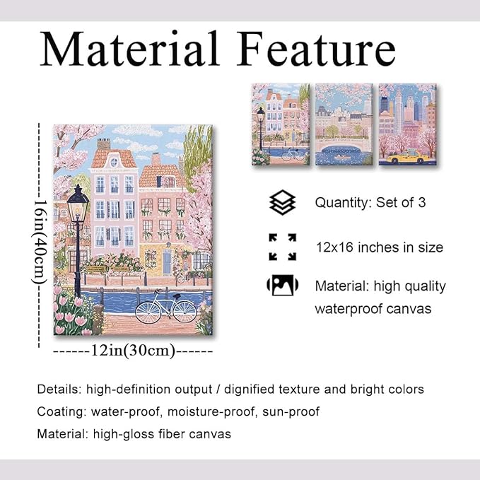 XLARTMY Watercolor City Landscape Travel Wall Art Canvas Framed Pink Cherry Flower Poster Girly Prints Painting Pictures Set of 3 for Bedroom Living Room Office 12x16in
