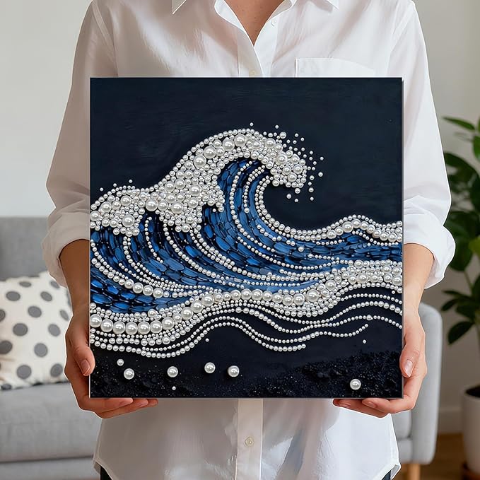 DIY Pearl Painting Kit with Wooden Frame, 3D Plastic Pearl Gemstone Ocean Art Craft for Adults Beginners, Diamond Art Kits for Adults, Home Wall Decor Ready Gift for Women(Waves)(30 * 30cm)