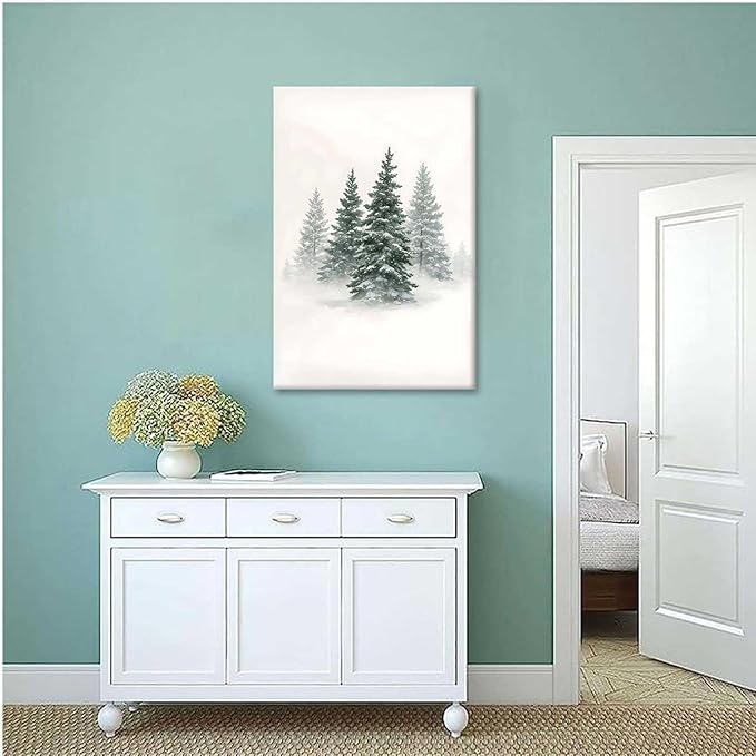 Framed Canvas Wall Art Snowy Evergreen Trees Print Winter Forest Wall Art Christmas Watercolour Painting Winter landscape Snowy Pine tree poster 20x30in Wood Framed