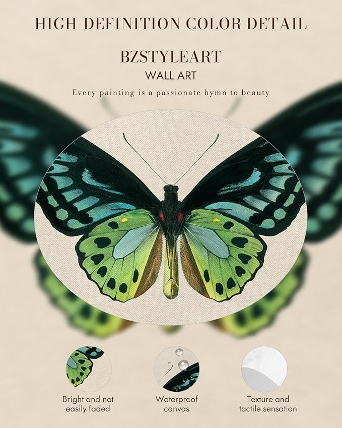 Bzstyleart Vintage Wall Art Decor,Vintage Gold Framed Wall Art,Green Butterfly Frmaed Artwork for Office,Aesthetic Canvas Picture Print,Painting for Bedroom Living Bathroom,Halloween Pictures Framed,12 x 16 Inch