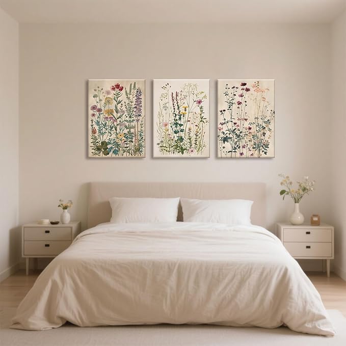 TUEASKY 3 Piece Colorful Wildflower Canvas Wall Art Vintage Flower Wall Art Watercolor Floral Decor Botanical Prints for Living Room Bedroom Office 12x16in Framed