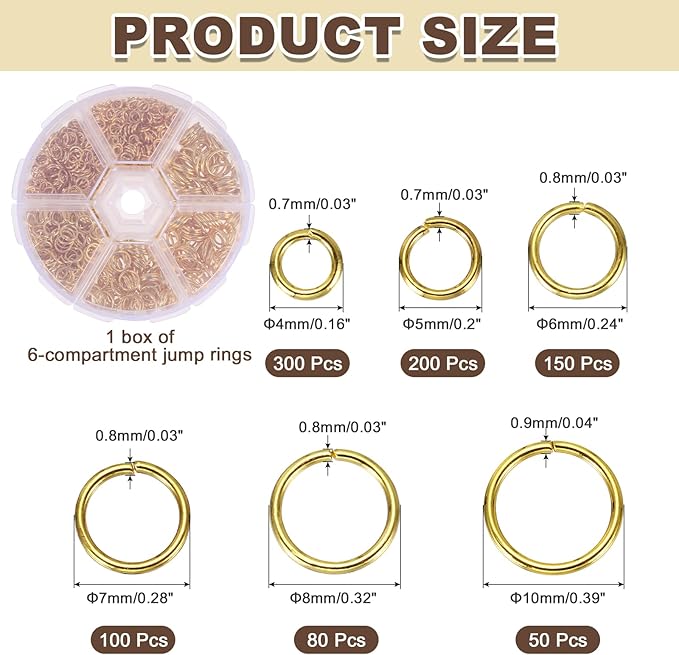 MECCANIXITY Jump Rings for Jewelry Making, 6 Sizes Alloy Open Jump Rings for Keychains Earings DIY Craft(Gold, 880Pcs)