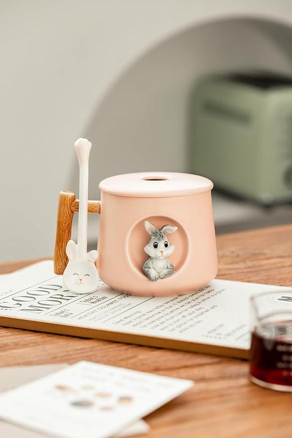 DIHOclub Adorable 3D Ceramic Rabbit Mug with Lid and Spoon Perfect for Coffee, Tea, Milk, and More - Ideal Gift for Bunny Lovers - 14 Ounces (Pink)