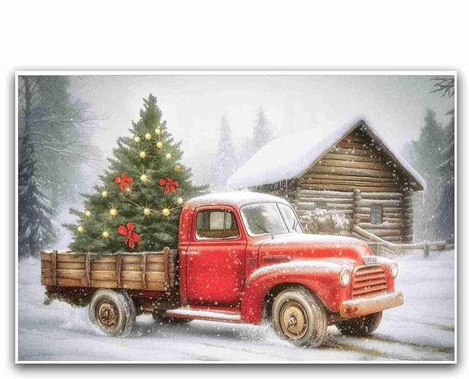 Red Truck Christmas Tree Vintage Holiday Wall Art Winter Snow Scene Poster Nostalgic Truck Canvas Print Indoor Decor for Home Living Room Bedroom Office Dining Room Farmhouse Christmas Holiday
