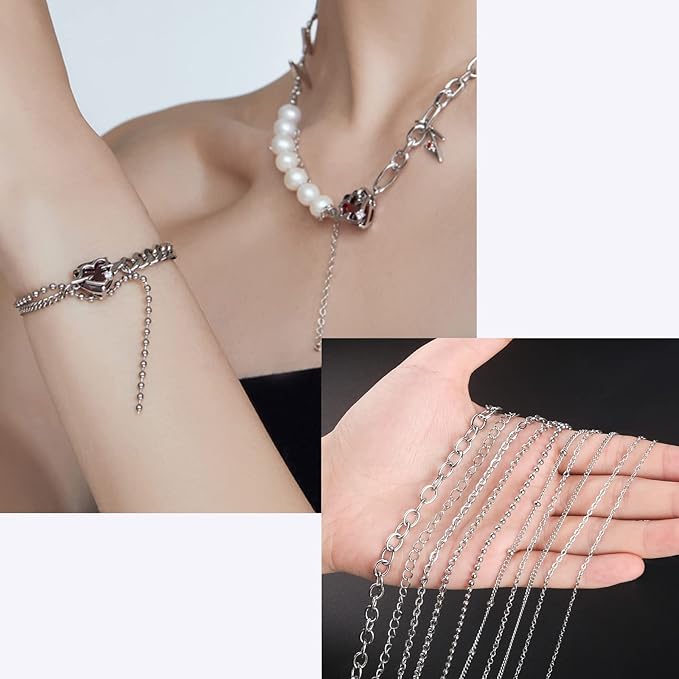 Necklace Chains for Jewelry Making, 78.7 Feet 10 Rolls Stainless Steel Jewelry Chains for DIY Necklace Bracelet Jewelry Making with Stainless Steel Jump Rings/Lobster Clasps/Connectors