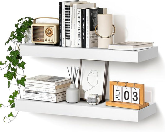 Floating Wall Shelves 24 x 6.8 x 1.7 Inch – Solid Wood Rustic Shelves in White Finish – Wall Mounted Display Shelf for Bathroom, Kitchen, Bedroom – Set of 2