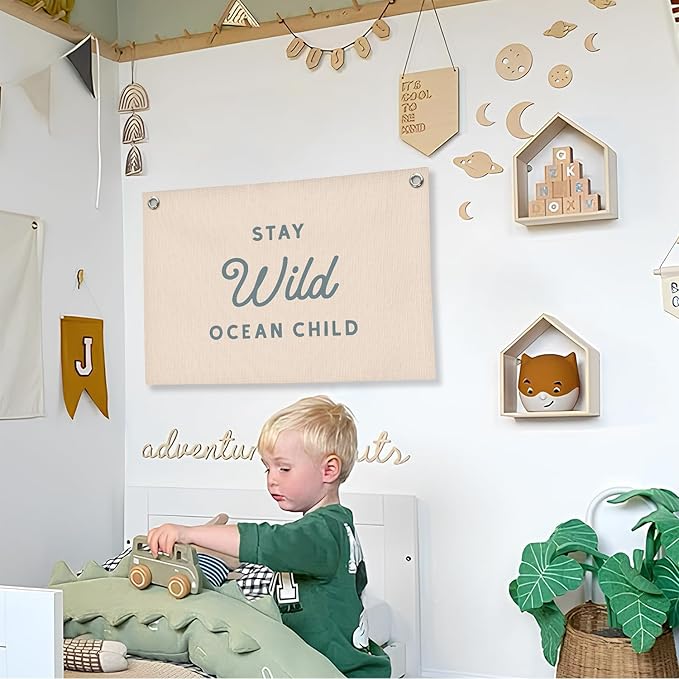 Nursery Wall Decor,Stay Wild Ocean Child Coastal Linen Canvas Banner, Nursery Decor Hanging Flag Kids Room Playroom Nursery Wall Art, Retro Classroom Coastal Room Decor, 30x20 Inch