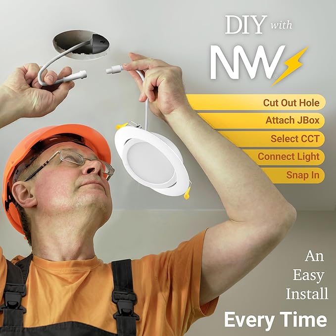 NUWATT 4 Inch Gimbal LED Recessed Lighting, 5CCT 2700K/3000K/3500K/4000K/5000K Selectable, 630 Lumen, Dimmable, Adjustable Canless Eyeball Lights for Sloped Ceilings, Metal Junction Box, 6 Pack