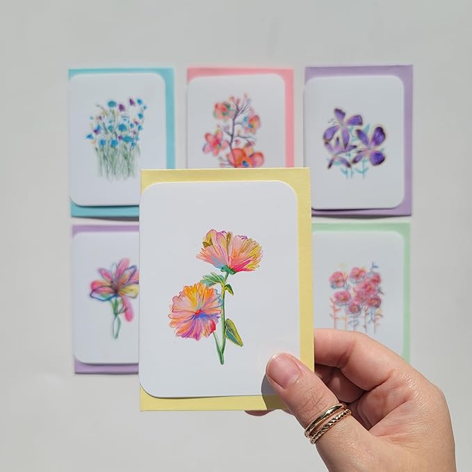 Handmade Floral Note Card Set: Vibrant Flower Art, Blank Inside, Set of 6