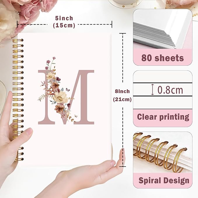 Lacama Pink Monogram M Notebook Journal, Aesthetic Wildflower Personalized Spiral Notebook, Customized Monogrammed Gifts, Birthday Gifts for Women, School Supplies, Office Supplies 5.5x8.3