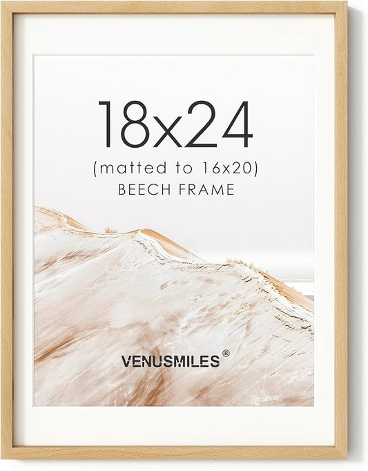 18x24 Poster Frame, USA-Sourced Natural Beech Wood Picture Collage Frame with HD Tempered Glass, Modern Simple 18 x 24 Wooden Photo Frame Matted to 16x20, Vertical & Horizontal Wall Hanging Display