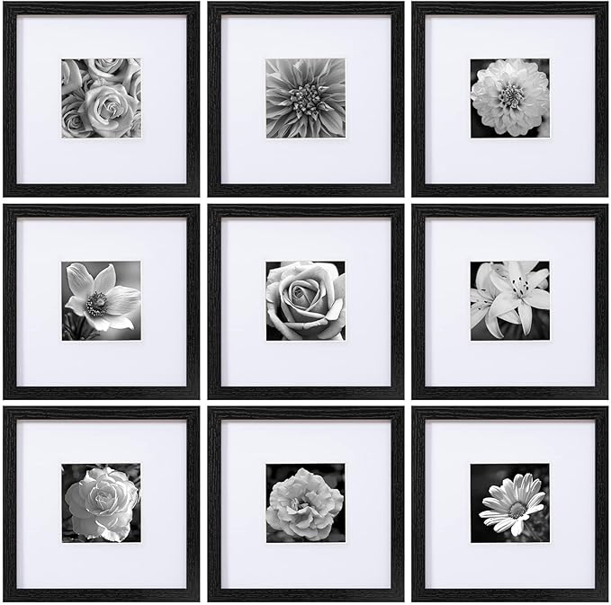 eletecpro 10x10 Picture Frames Set of 9 with Mat for 5x5 Photos or without Mat for 10x10, Square Gallery Wall Decor Collage for Picture Display, Black Frame Set for Wall Hanging