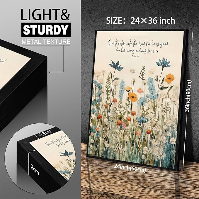 Religious Christian Wildflower Wall Art Bible Verse Scripture Poster Vintage Botanical Canvas Prints 24X36 inch Black Framed for Apartment Bedroom Gallery Wall Decor