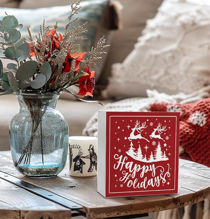 Happy Holiday Christmas Wooden Box Sign, Christmas Desk Decor, Farmhouse Red Christmas Trees Reindeer Snowflake Xmas Wood Signs for Home Office Table Shelf Decoration, 5x5 Inch