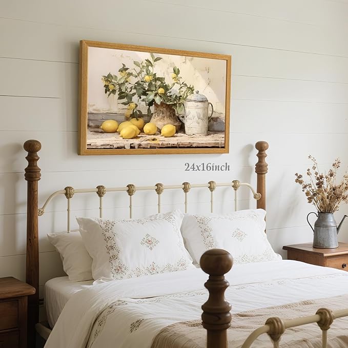 LLEEMPI Vintage Lemon Wall Art, Country Botanical Wall Decor, Yellow Fruit Still Life Canvas Painting, Rustic Farmhouse Poster Print for Kitchen Living Room Bathroom Bedroom Wood Framed 16x24 Inch