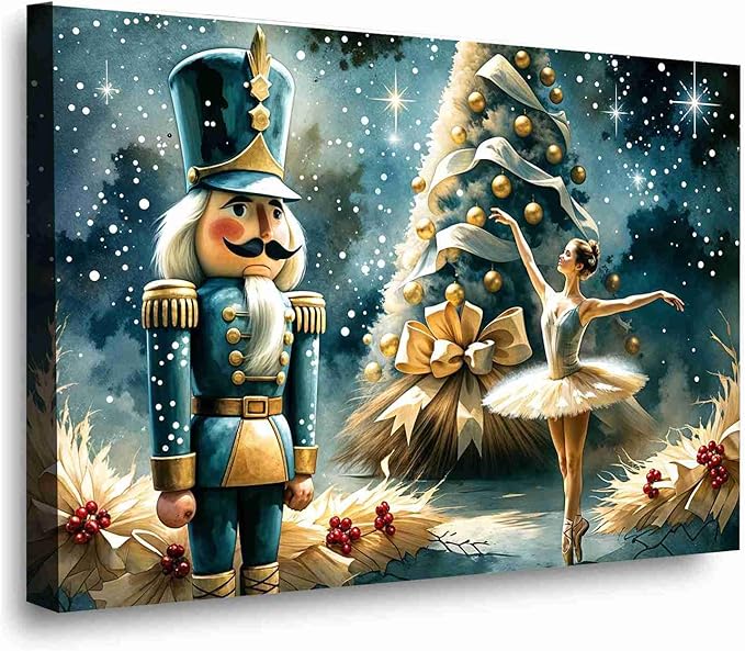 Christmas Wall Art Holiday Decor Nutcracker and Ballerina Winter Scene Poster Modern Farmhouse Poster Vintage Oil Painting Print Indoor Decor for Home Bedroom Christmas Holiday Framed Ready to Hang