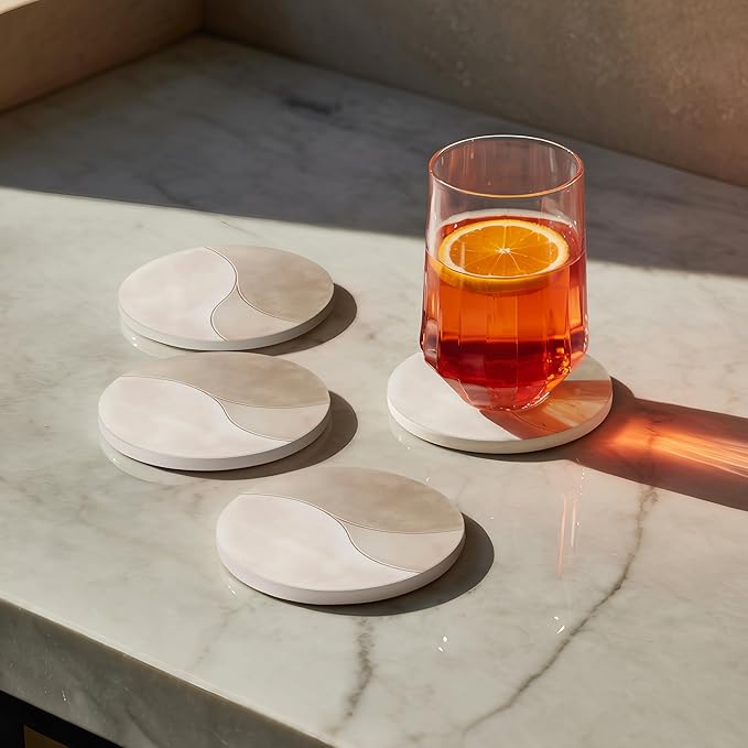 VEYRO Ceramic Coasters Set of 4 – Absorbent Stone Drink Coasters with Holder, Non-Slip Cork Backing, Modern Marble Look Coasters for Coffee Table, Desk & Home Decor