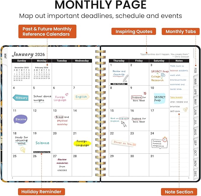 2026 Planner, Weekly and Monthly Calendar Planner for Women, Jan 2026 - Dec 2026, Hardcover Planning Agenda book with Tabs, Spiral Bound, Inner Pocket, Perfect for School Office Supplies, 6.3" x 8.5" - Mystic Mushrooms