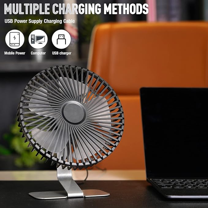 SLENPET 6 inch USB Desk Fan, 4 Speeds, Ultra-quiet, 90° Adjustment for Better Cooling, Portable Mini Powerful Desktop Table Fan, Small Personal Fan for Home Office, Metal Base, Silver