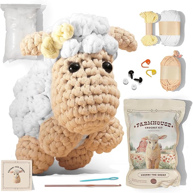 Amigurumi Crochet Kit for Beginners Adults and Kids, Learn to Crochet Kits for Adults Beginner with Easy Yarn, Stuffed Crochet Animal Kit with Step-by-Step Video Tutorials - Sherri the Sheep