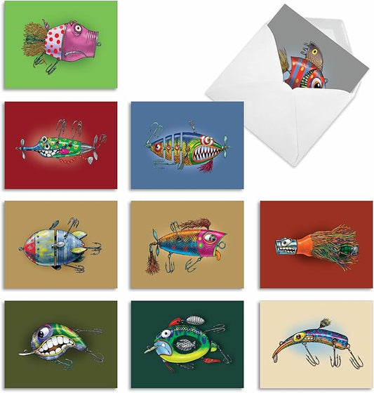 The Best Card Company - 10 All Occasion Blank Cards (4 x 5.12 Inch) - Nautical, Ocean, Sea Life Assortment of Notecards - Off the Hook M6543OCB