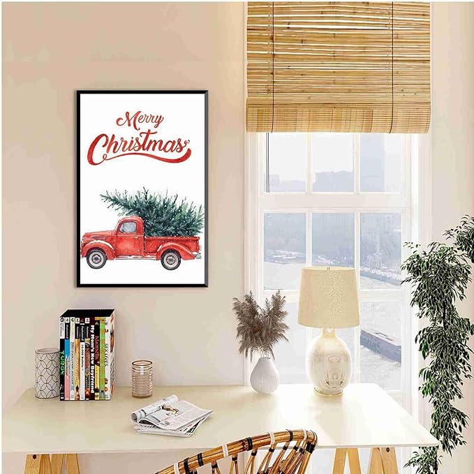 Framed Canvas Wall Art Christmas Truck Print Red Vintage Pickup Truck Christmas Tree Home Decor Holiday Wall Art Watercolor Painting 20x30in Metal blackFramed