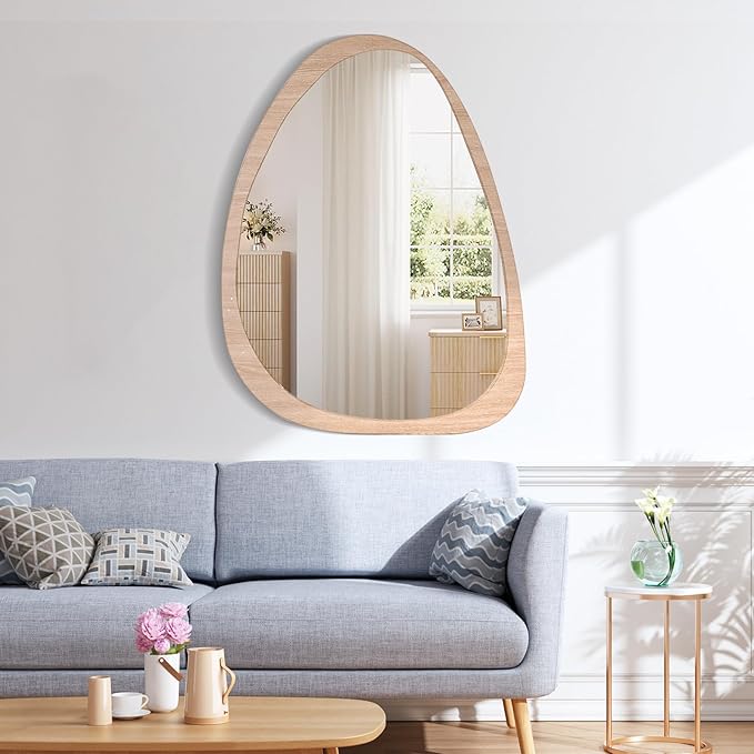 Asymmetrical Wood Frame Wall Mirror, Irregular Organic Decorative Wall-Mounted Mirror for Living Room, Bedroom & Entryway, Modern Mid-Century Boho Accent Mirror 24" x 35"