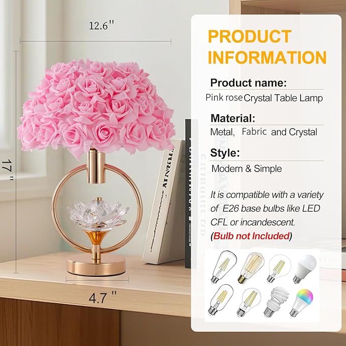 Modern Pink Rose Table Lamp with Crystal 17IN Romantic Flower Bedside Lamp Princess Nightstand Lamp Creative Desk Light for Girl Bedroom Living Room Entry Hotel Wedding Christmas Gift