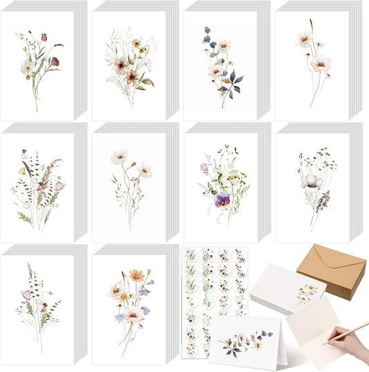 100 Pcs Blank Note Cards and Envelopes 4x6 Elegant Floral Design Blank Greeting Cards with Matching Peel-and-seal Stickers Plain Notecards Stationery for All Occasions, 10 Designs