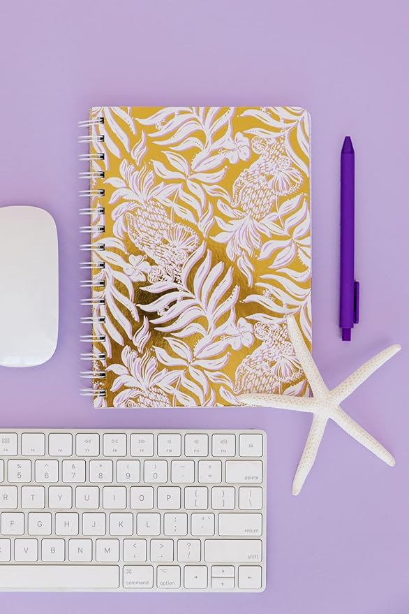 Lilly Pulitzer Hardcover Mini Spiral Notebook, 8.5" x 6.5" Small Journal with 160 College Ruled Pages, Gold Metallic Bon Vivants